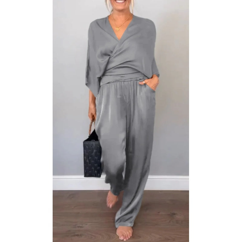💞💞 Set de două piese pentru femei, inclusiv top cu decolteu în V și pantaloni