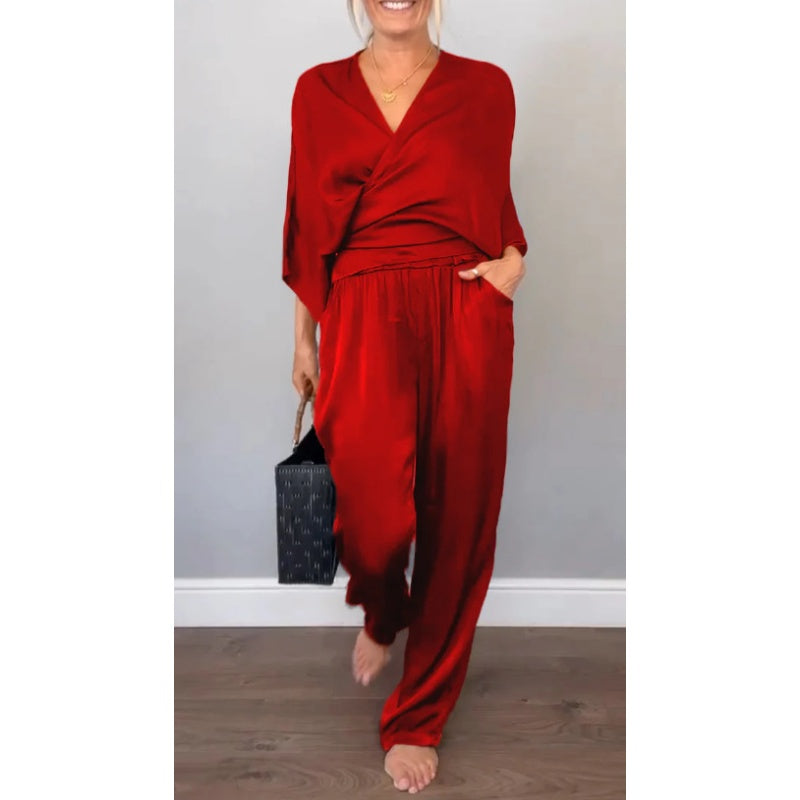 💞💞 Set de două piese pentru femei, inclusiv top cu decolteu în V și pantaloni