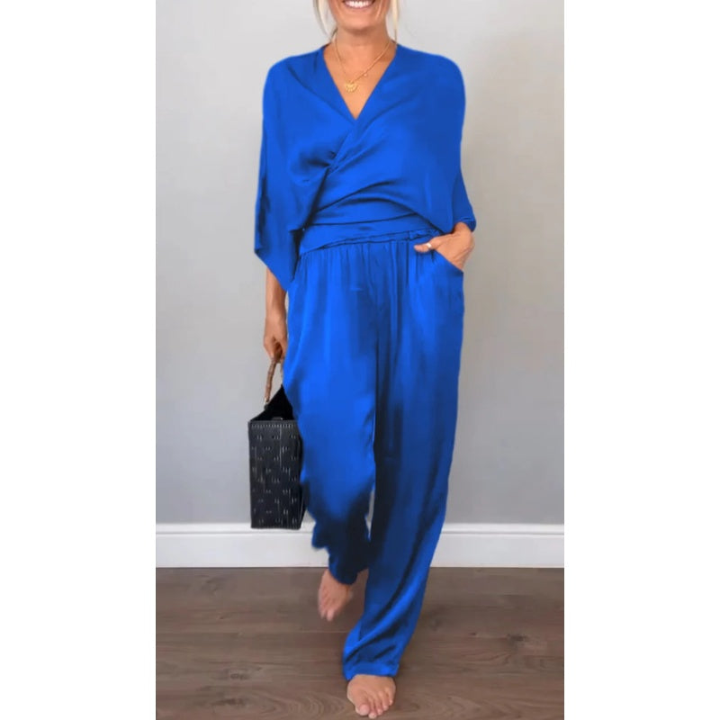 💞💞 Set de două piese pentru femei, inclusiv top cu decolteu în V și pantaloni