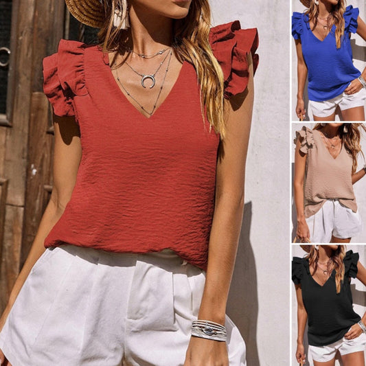 【S-2XL】👚 Top cu decolteu în V cu volan, fără mâneci
