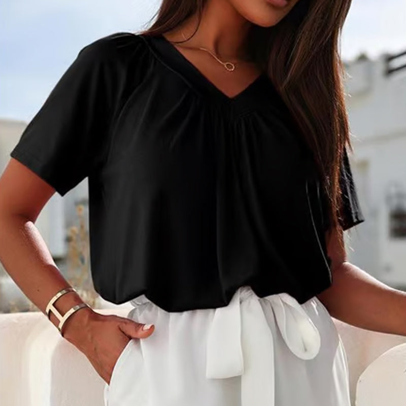 💖 Top casual de damă, pliat, cu mâneci scurte și decolteu în V