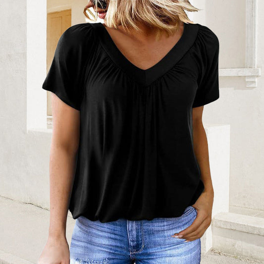 💖 Top casual de damă, pliat, cu mâneci scurte și decolteu în V