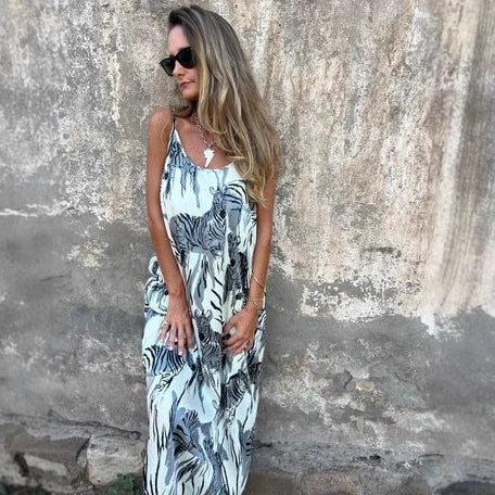 💙Damska sukienka z odkrytymi plecami i nadrukiem na ramiączkach spaghetti