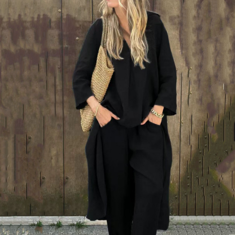 💖Letni lniany damski dwuczęściowy garnitur z kieszeniami i spiczastym dekoltem