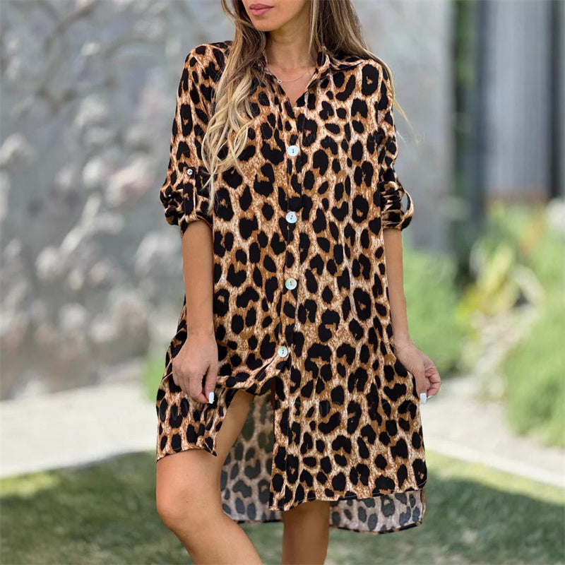 Rochie cămașă oversize cu imprimeu leopard