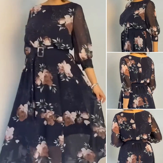 【S-4XL】🌺 Kwiecista sukienka z okrągłym dekoltem i paskiem