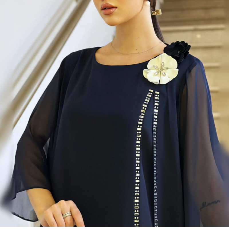 🌸✨【S-4XL】Rochie de damă din plasă cu gât rotund, cu accente florale