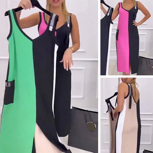 Rochie tricotată cu decolteu în V, colorată, fără mâneci