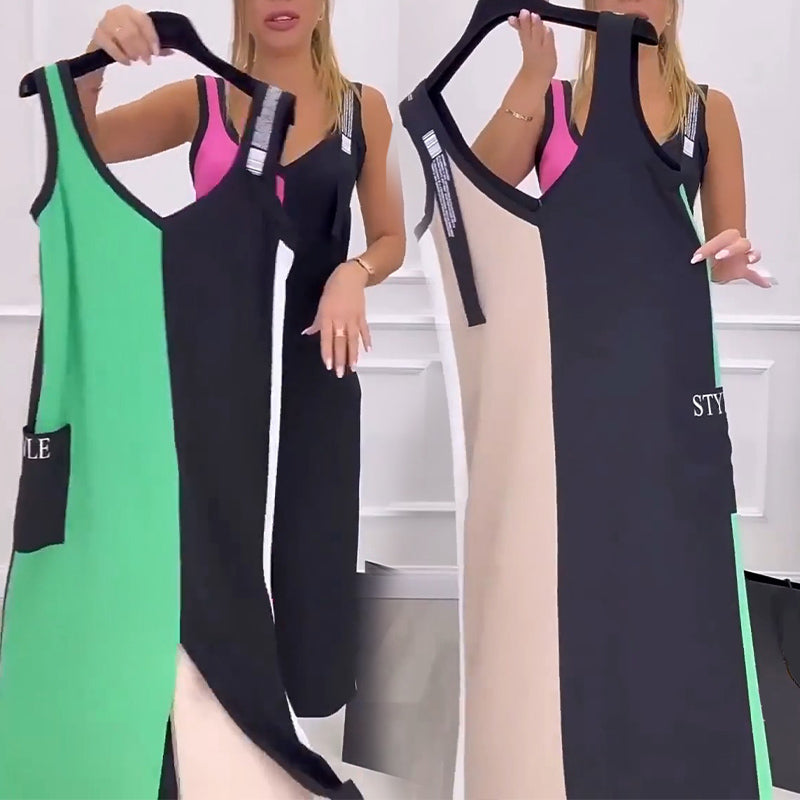 Rochie tricotată cu decolteu în V, colorată, fără mâneci