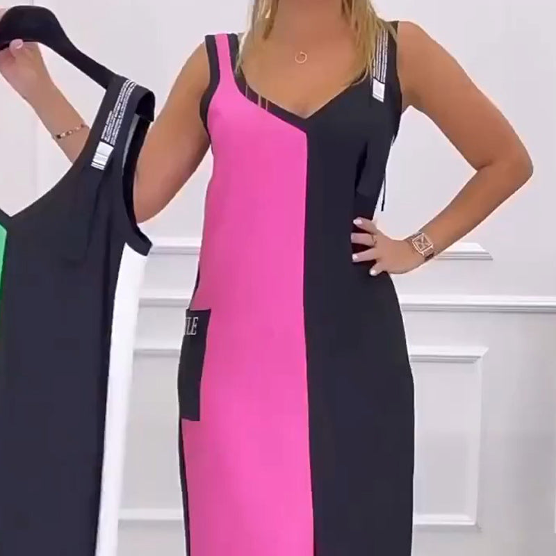 Rochie tricotată cu decolteu în V, colorată, fără mâneci
