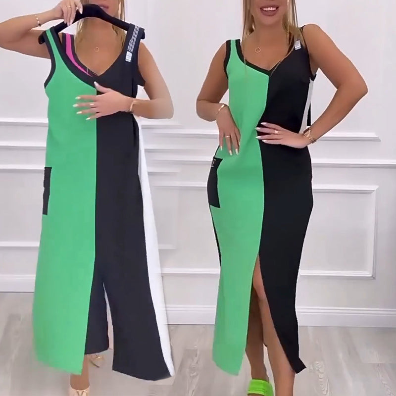 Rochie tricotată cu decolteu în V, colorată, fără mâneci