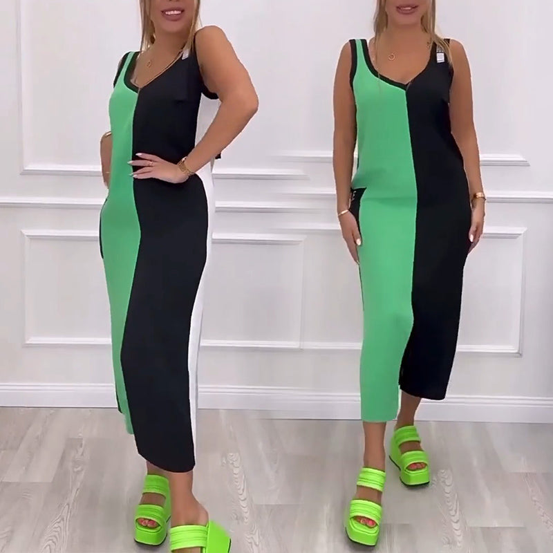 Rochie tricotată cu decolteu în V, colorată, fără mâneci