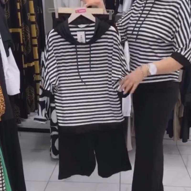 ✨Set de top cu dungi și pantaloni uni pentru damă