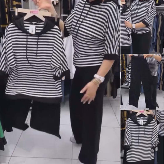 ✨Set de top cu dungi și pantaloni uni pentru damă