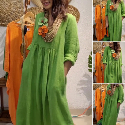 💖Vânzare limitată 20% REDUCERE💖Rochie boho de in, casual, cu mâneci lungi