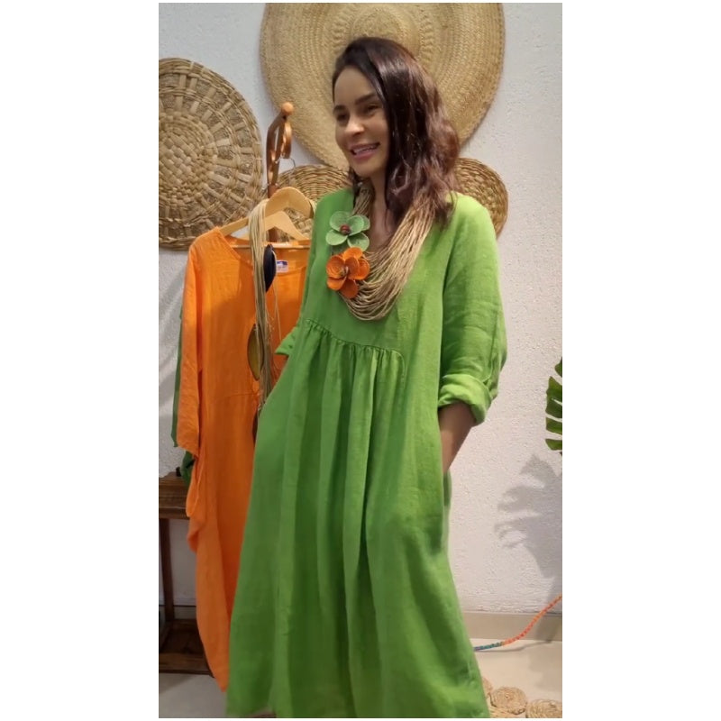 💖Vânzare limitată 20% REDUCERE💖Rochie boho de in, casual, cu mâneci lungi