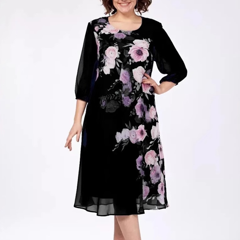 Elegancka sukienka z szyfonu z kwiatowym nadrukiem i okrągłym dekoltem