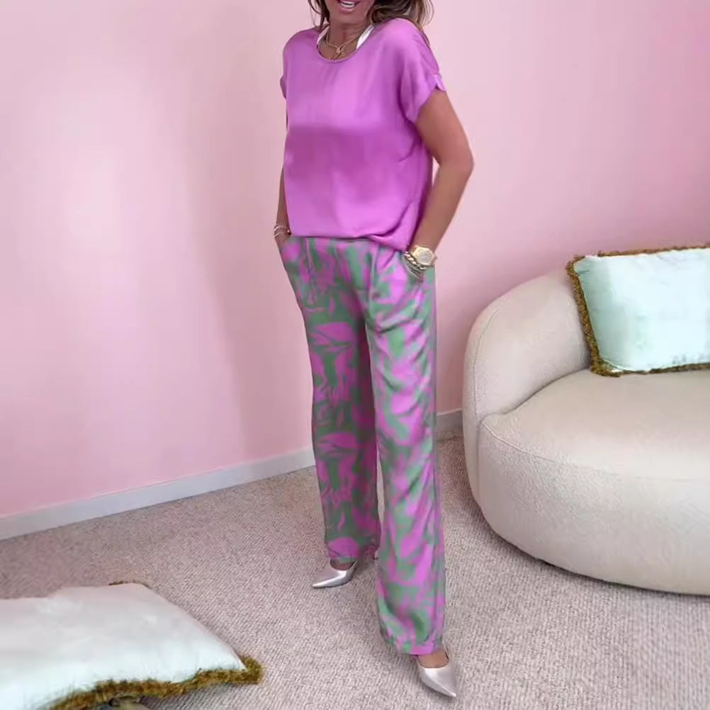 🎉【S-4XL】💝Dwuczęściowy komplet - top z okrągłym dekoltem i szerokie nogawki ze wzorem