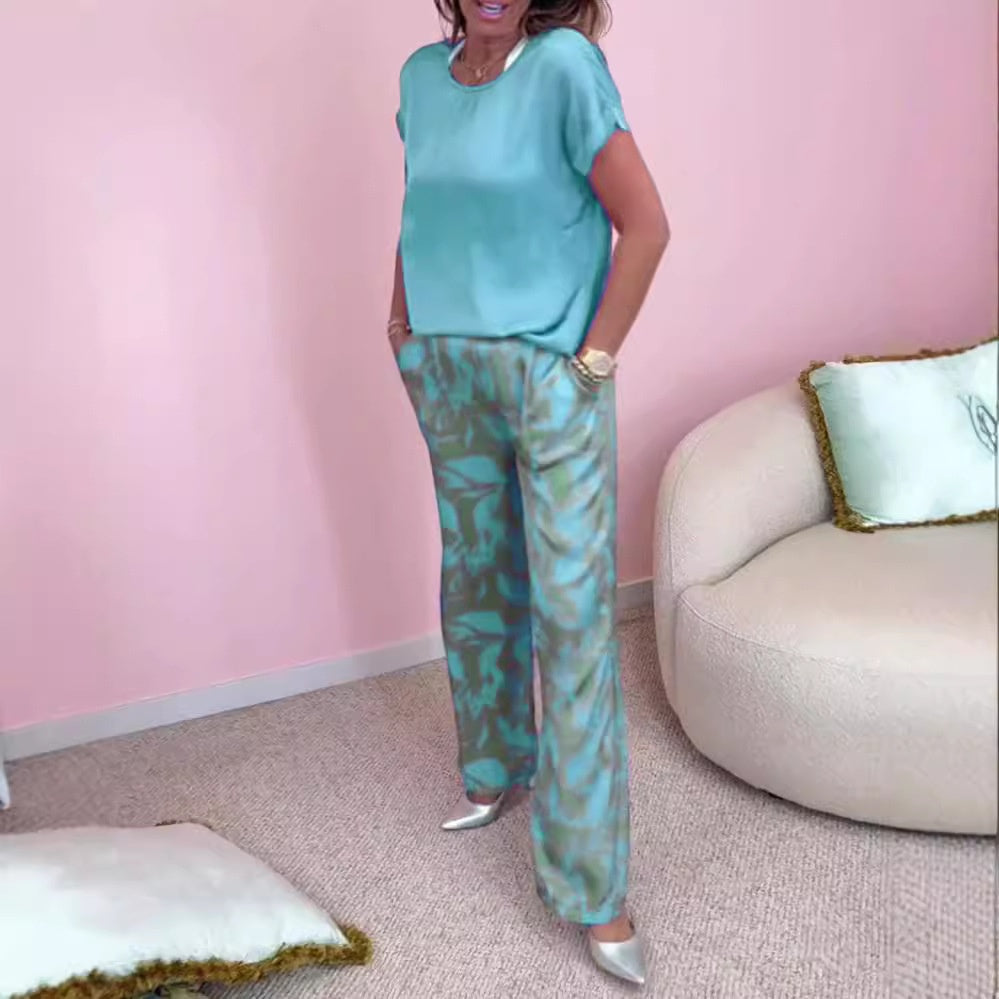 🎉【S-4XL】💝Dwuczęściowy komplet - top z okrągłym dekoltem i szerokie nogawki ze wzorem