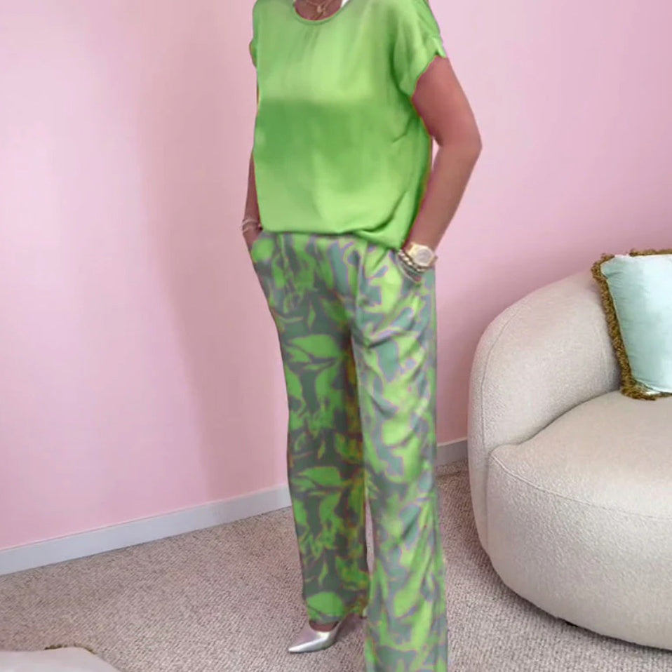 🎉【S-4XL】💝Dwuczęściowy komplet - top z okrągłym dekoltem i szerokie nogawki ze wzorem