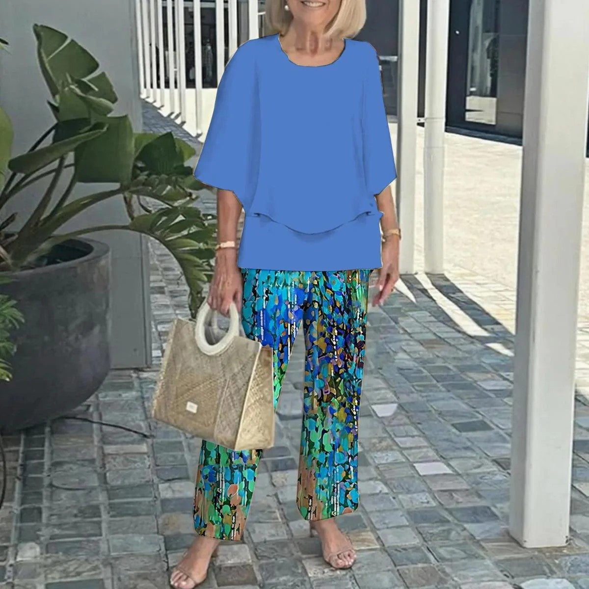 🌸Damski casualowy zestaw spodni z okrągłym dekoltem i półrękawkiem z nadrukiem