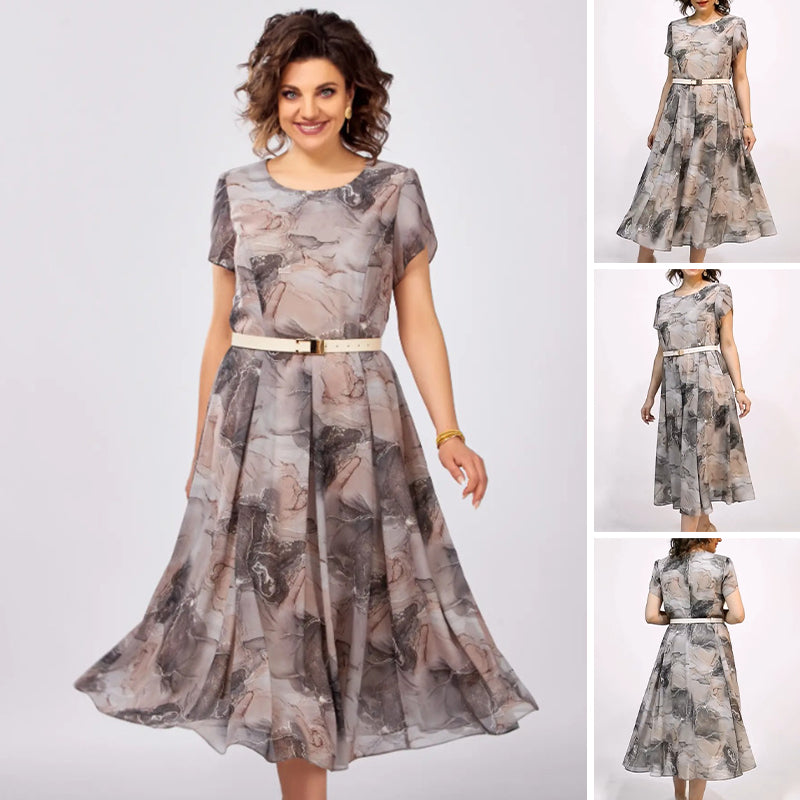 Elegancka damska sukienka midi z okrągłym dekoltem i krótkim rękawem