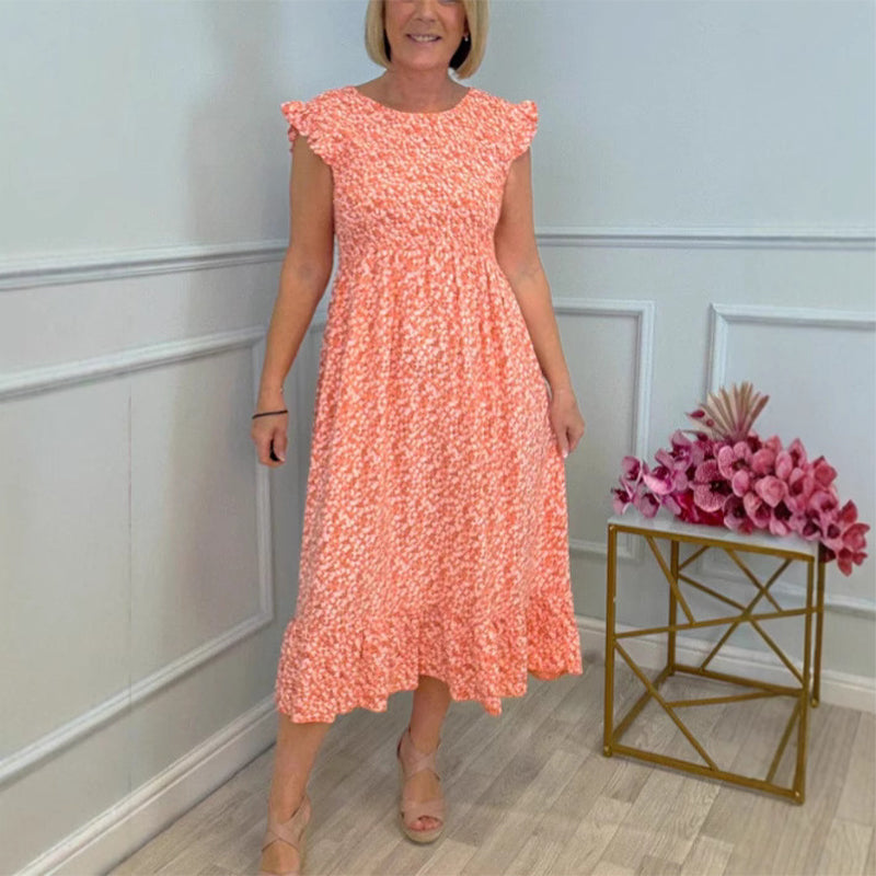 Rochie elegantă de damă cu imprimeu floral, cu talie înaltă și volane pe mânecă
