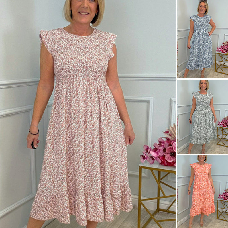 Rochie elegantă de damă cu imprimeu floral, cu talie înaltă și volane pe mânecă