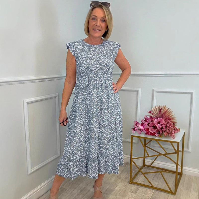 Rochie elegantă de damă cu imprimeu floral, cu talie înaltă și volane pe mânecă