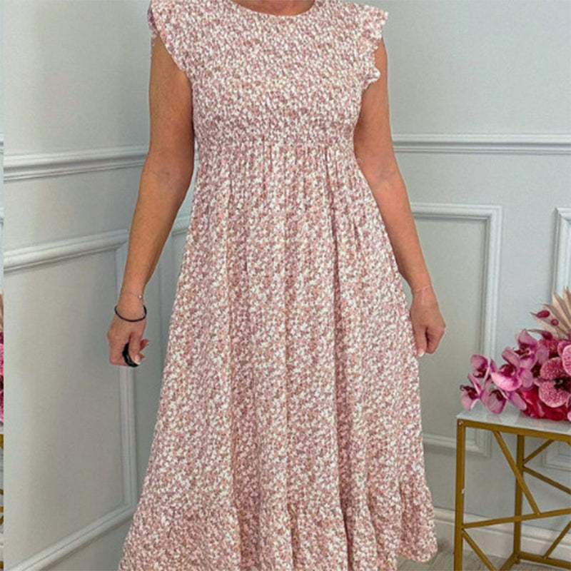 Rochie elegantă de damă cu imprimeu floral, cu talie înaltă și volane pe mânecă