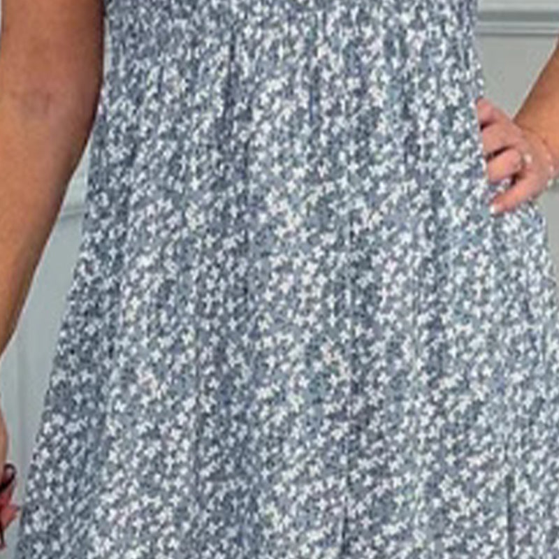 Rochie elegantă de damă cu imprimeu floral, cu talie înaltă și volane pe mânecă