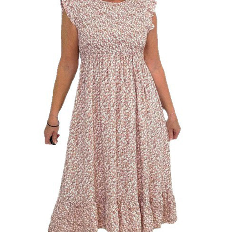 Rochie elegantă de damă cu imprimeu floral, cu talie înaltă și volane pe mânecă
