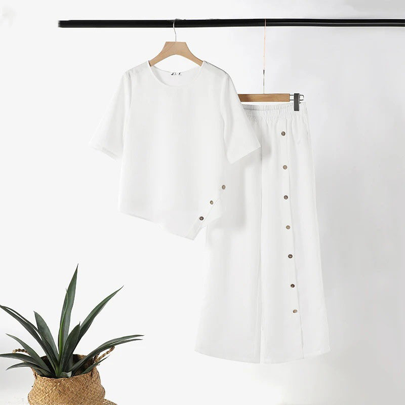 🌿Dwuczęściowy komplet damski: Top o nieregularnym dole i spodnie z szerokimi nogawkami☁️