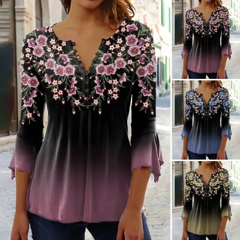 🔥Bluză elegantă, cu imprimeu floral, și decolteu în V, pentru femei