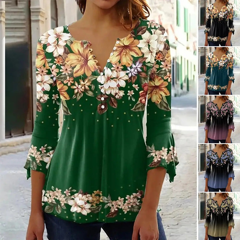 🔥Bluză elegantă, cu imprimeu floral, și decolteu în V, pentru femei