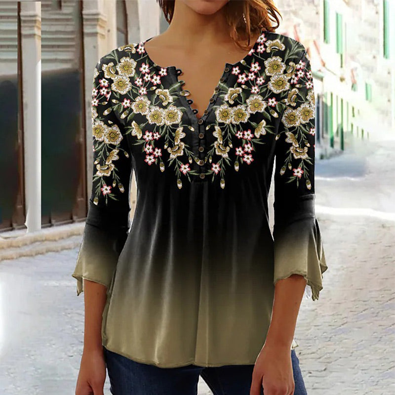 🔥Bluză elegantă, cu imprimeu floral, și decolteu în V, pentru femei