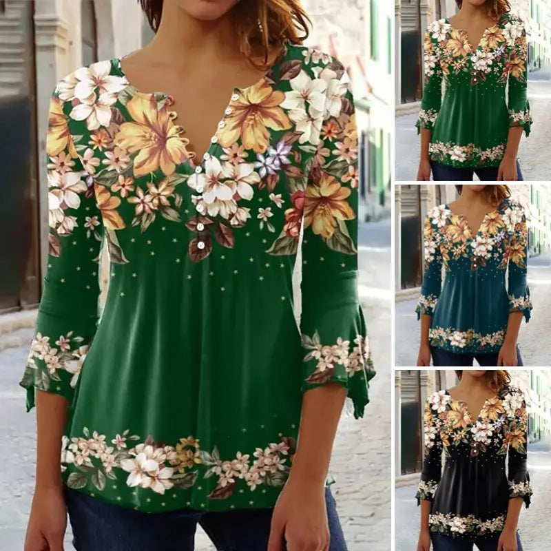 🔥Bluză elegantă, cu imprimeu floral, și decolteu în V, pentru femei