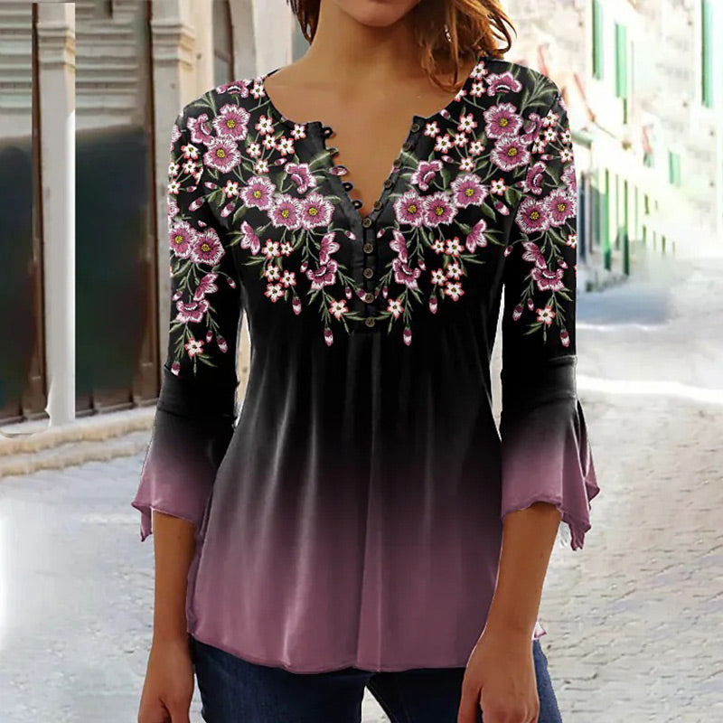 🔥Bluză elegantă, cu imprimeu floral, și decolteu în V, pentru femei