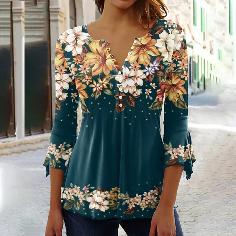 🔥Bluză elegantă, cu imprimeu floral, și decolteu în V, pentru femei