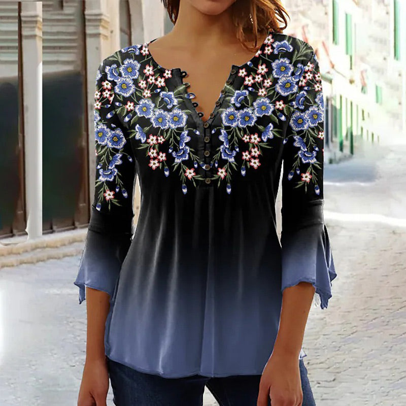 🔥Bluză elegantă, cu imprimeu floral, și decolteu în V, pentru femei