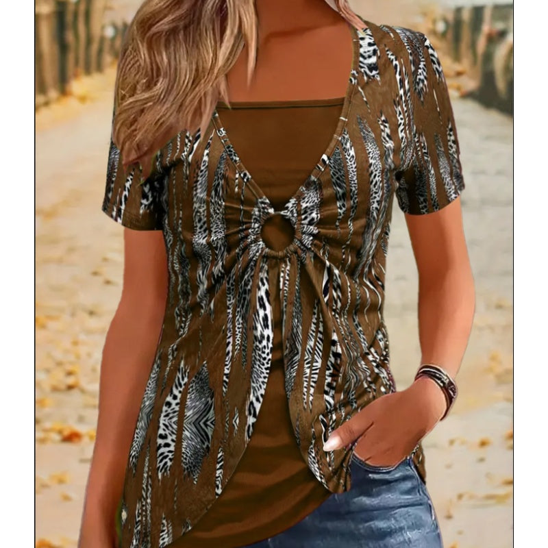 🔥Damska koszulka z krótkim rękawem Vintage Square Neck Leopard Print