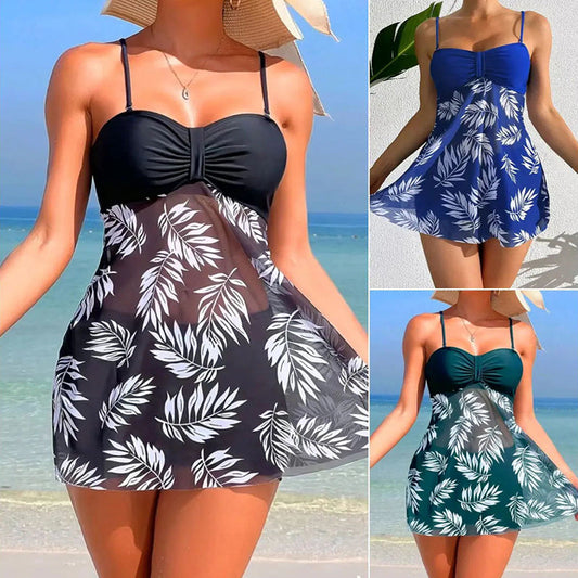 🌴👙Costum de baie din două piese pentru femei, cu imprimeu și pantaloni scurți cu bretele