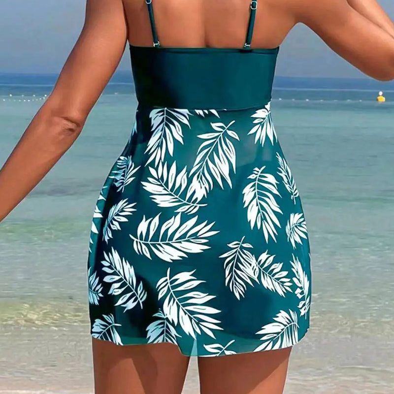 🌴👙Costum de baie din două piese pentru femei, cu imprimeu și pantaloni scurți cu bretele