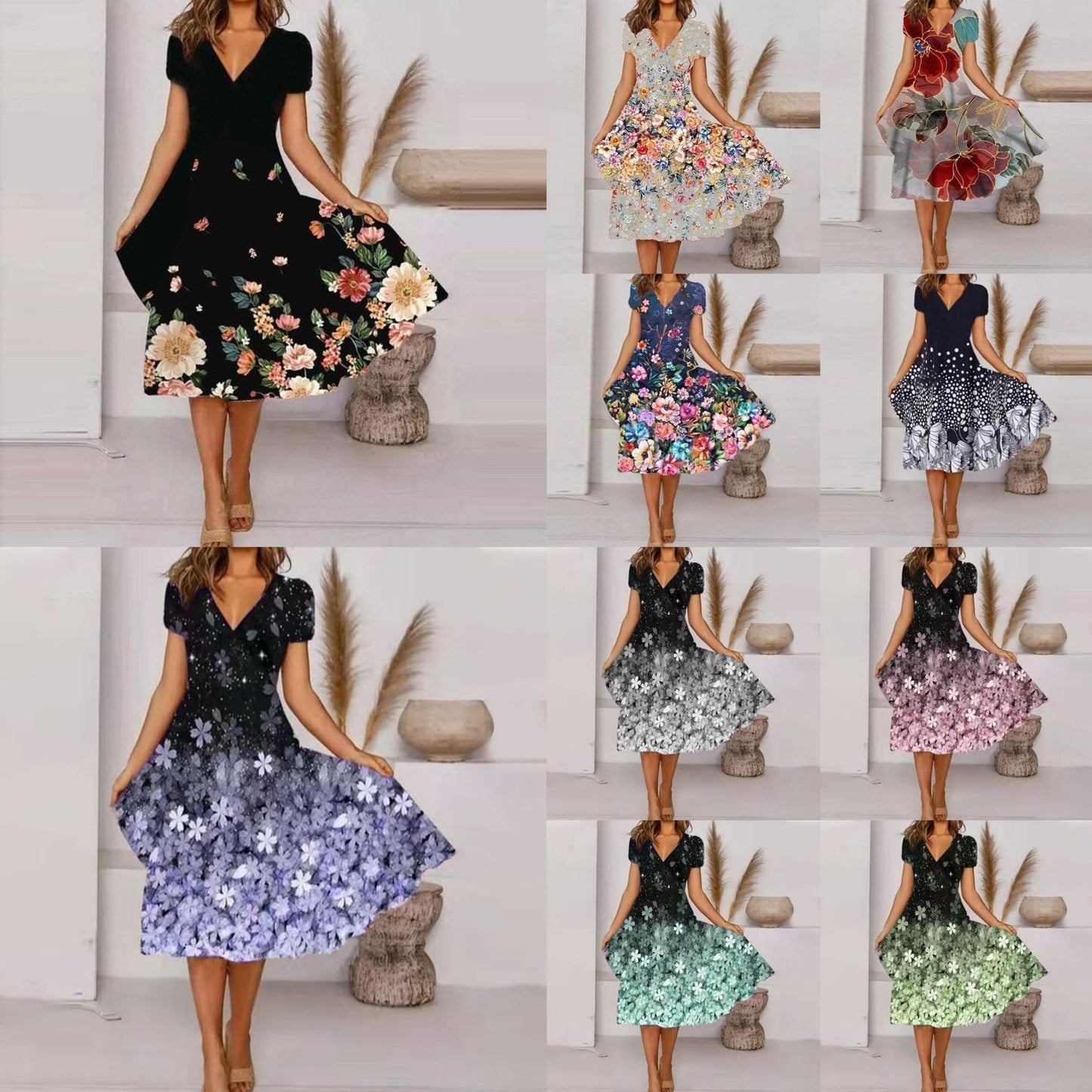 【S-4XL】🌺Damska luźna sukienka z nadrukiem i dekoltem w serek