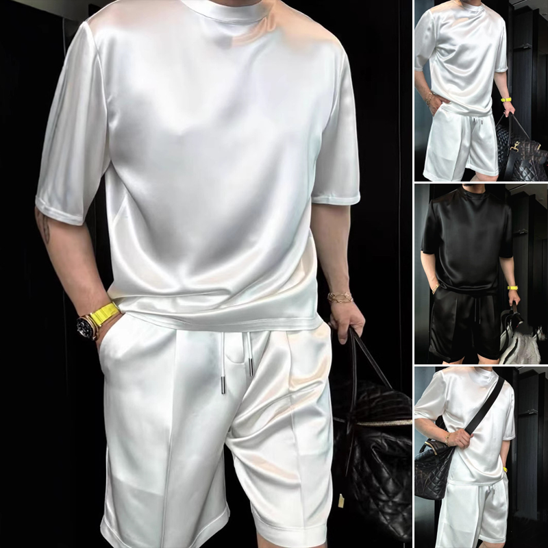 Set bărbătesc casual monocrom cu bluză și bermudă, din două piese