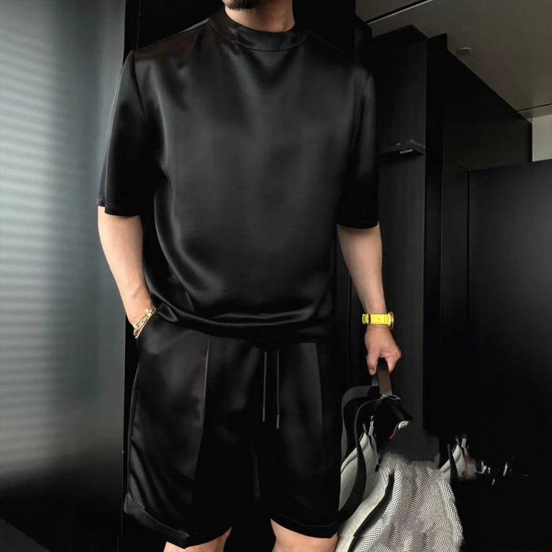 Set bărbătesc casual monocrom cu bluză și bermudă, din două piese