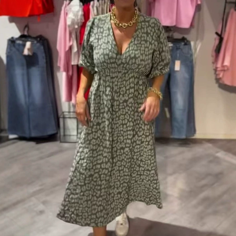 Rochie de damă cu imprimeu și decolteu în V