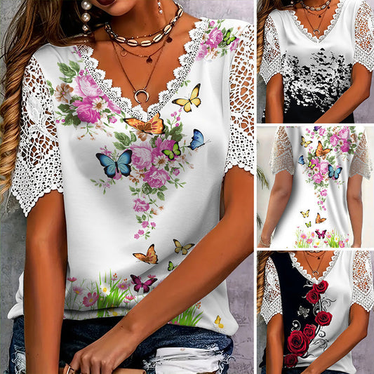 Koronka z nadrukiem i krótkimi rękawami