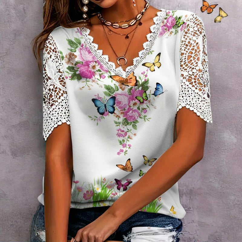 Koronka z nadrukiem i krótkimi rękawami