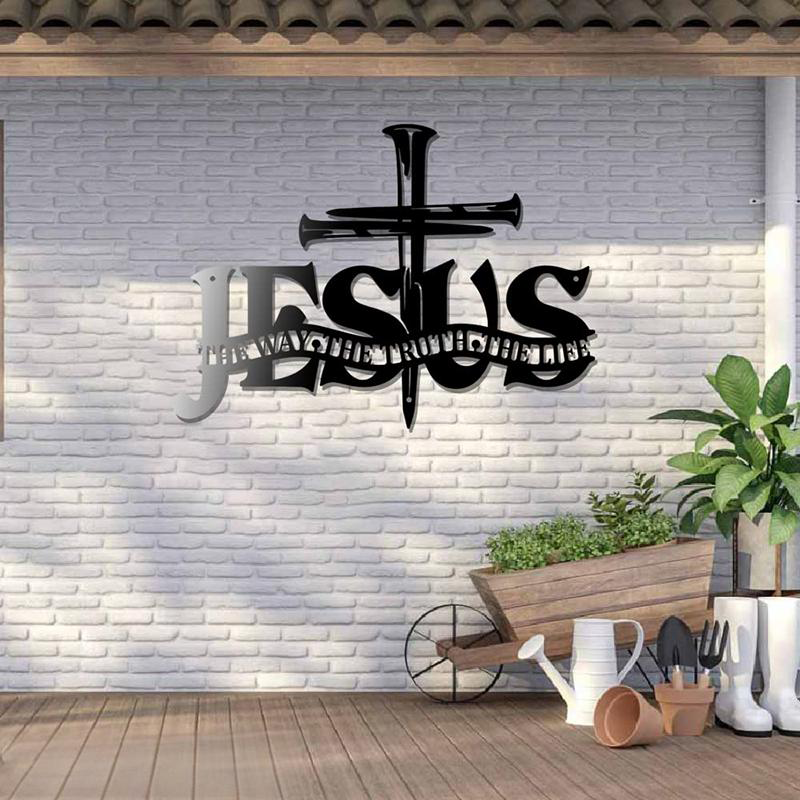 Metalowa dekoracja ścienna z krzyżem Jezus Prawda